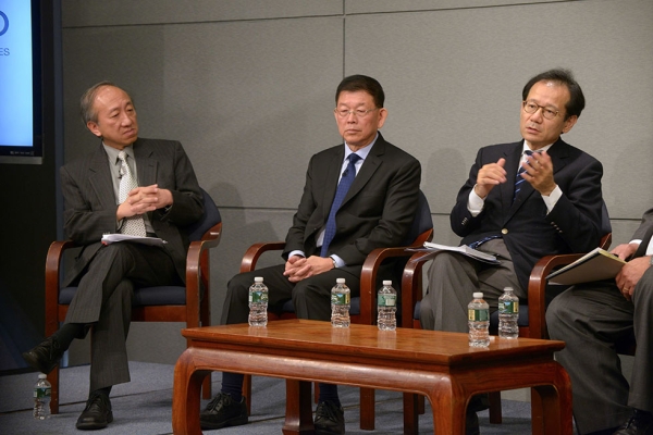 Members of the panel discussion. From left: Hau Kit-Tai, Lee Sing Kong, Suzuki Kan. (Elsa Ruiz/Asia Society)