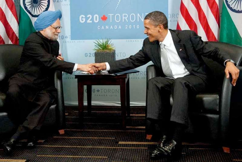 US President Barack Obama shakes hands with India's Prime Minister Manmohan Singh during meetings on the sideline of the G20 Summit in Toronto on June 27, 2010. (Saul Loeb/AFP/Getty Images)