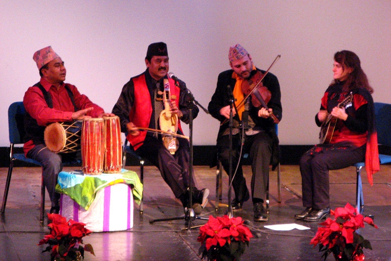 L to R: Musicians Rajendra Karn, Prem Raja Mahat, Danny Knicely, and Tara Linhardt celebrated the musical marriage between Nepal and Appalachia in DC on Dec. 7, 2010. (Szuhan Chen/Asia Society Washington Center)