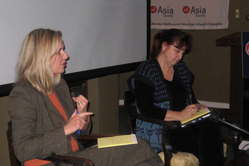 Cindy Dyer of Vital Voice (L) and Global Centurion's Laura Lederer speaking after the documentary screening in Washington, DC on Feb. 23, 2011. (Asia Society Washington Center)