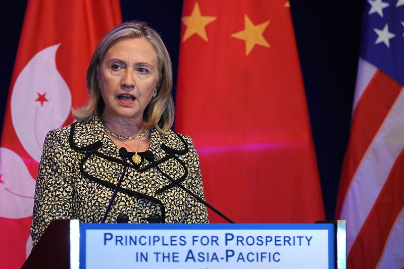 US Sec. of State Hillary Clinton gives a speech at the American Chambers of Commerce in Hong Kong on July 25, 2011. Clinton told Asian business leaders she was confident US lawmakers would reach a deal to avert a debt default. (Mike Clarke/AFP/Getty Images)