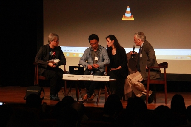 L to R: Evans Chan, Pema Tseden and his translator, and Robert Barnett (moderator) at Asia Society Hong Kong Center on October 31, 2014.