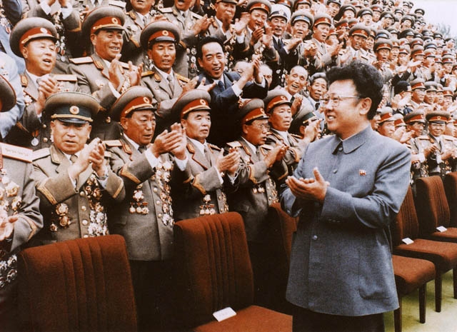 North Korean leader Kim Jong Il meets with Korean People's Army personnel in September 1988