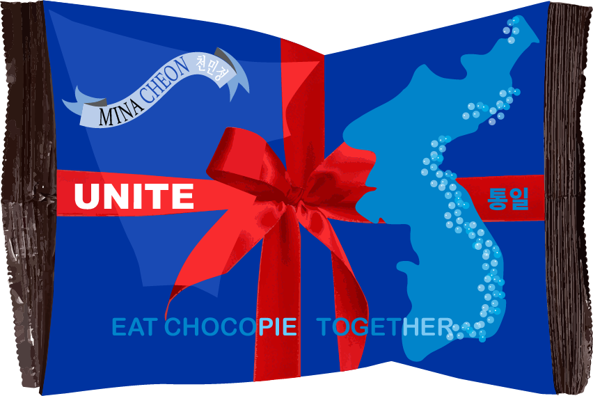 Image of a blue packaged Korean snack cake with a red ribbon insignia. The label reads Eat Chocopie Together and UNITE. There is an image of the Korean Peninsula and the artist's name, Mina Cheon, on the package.