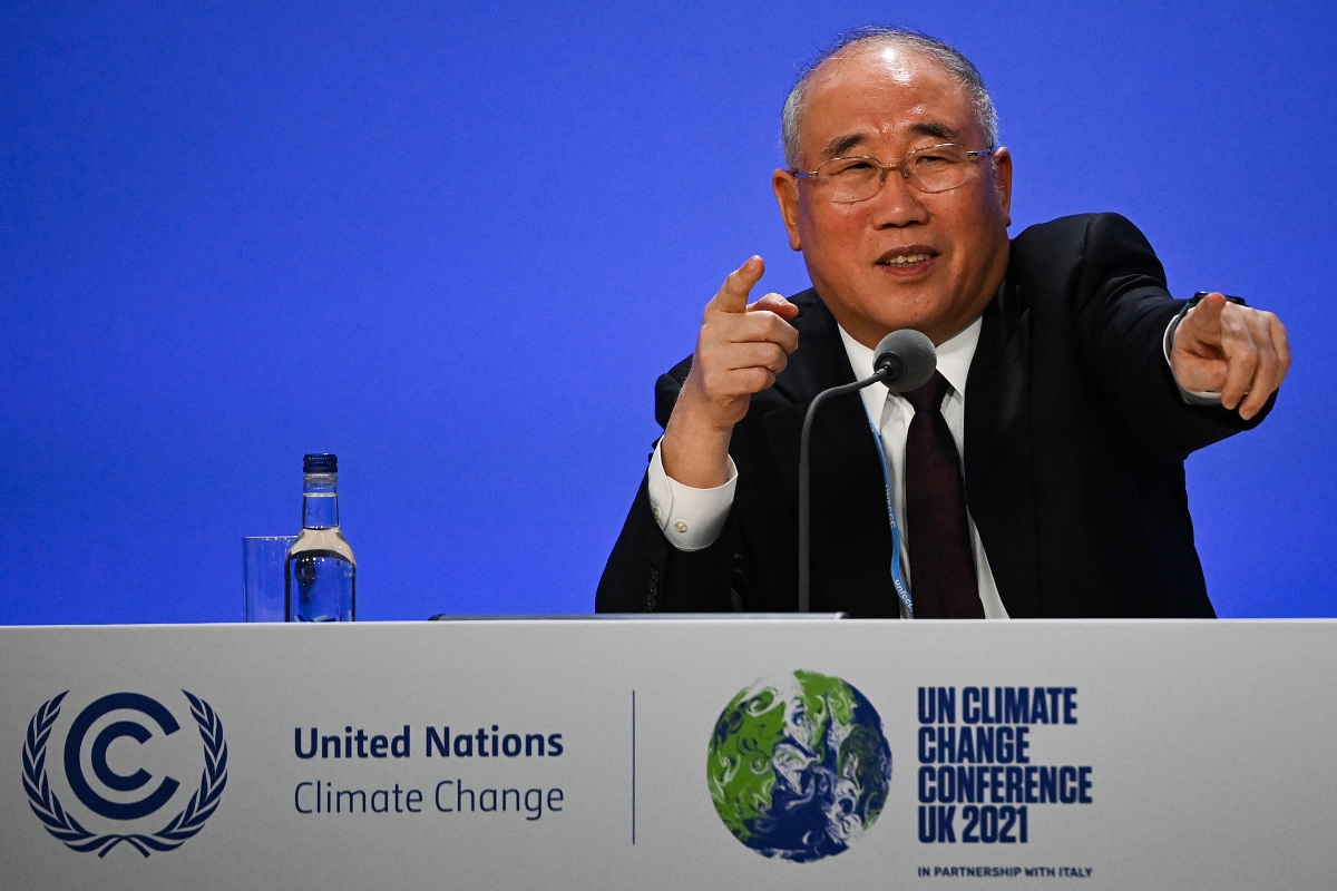 China's special climate envoy, Xie Zhenhua speaks during a joint China and US statement on a declaration enhancing climate action in the 2020s on day eleven of the COP26 climate change conference at the SEC on November 10, 2021 in Glasgow, Scotland. 