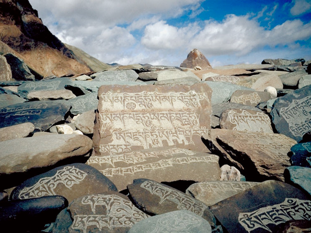 A Tibetan mantra inscribed in rocks at Zanskar, India. Photographer unknown.