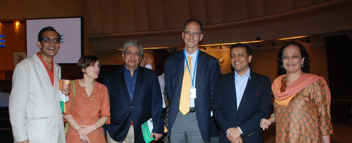 L to R: Abhijit Banerjee and Esther Duflo with Omkar Goswami, Founder and Chairman of (CERG) Advisory, Jim Shapiro, Head of Market Development of the Bombay Stock Exchange, Intellecap CEO Krishan Sree Kumar and ASIC Executive Director Bunty Chand in Mumbai on Nov. 8, 2011.