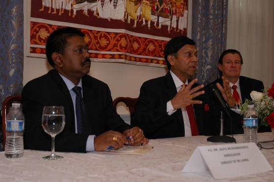 L to R: Sri Lankan Ambassador Jaliya Wickramasuriya, Governor Ajith Cabraal, and Asia Society Washington Executive Director Jack Garrity in Washington, DC on May 19, 2010.