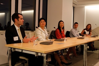 Our panelists, from left: Charles Thor, Irene Tieh, Wen-Chih Yu, Adam Collardey, and (moderator) Sydnie Kohara (Asia Society) 