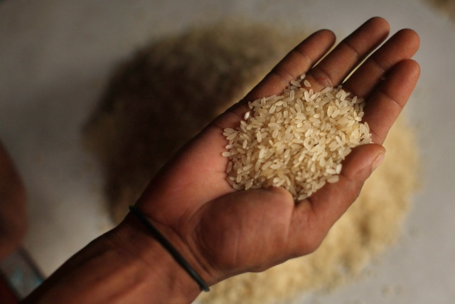 DHAKA, BANGLADESH - JULY 17: A man holds a handful of rice grains at a market in Dhaka. Rice, a staple for Bangladesh's 144 million people, has nearly doubled in price in the past 12 months. (Photo by Spencer Platt/Getty Images)