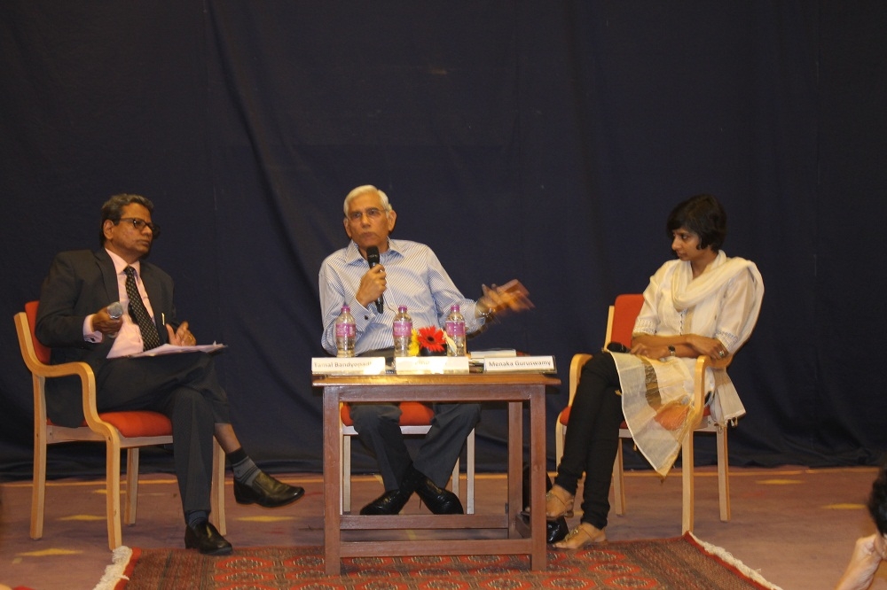 L to R: Tamal Bandyopadhyay, Vinod Rai, and Menaka Guruswamy in Mumbai on October 9, 2014. (Asia Society India Centre)