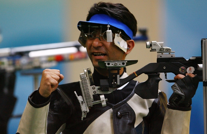 Abhinav Bindra earned India's first-ever individual Olympic gold medal, winning the 10-meter air rifle competition on August 11, 2008. (Jeff Gross/Getty Images) 