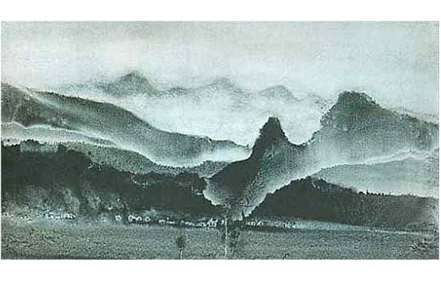 Spring Brilliance at Kuaiji, 1977-79 By Mu Xin (b. 1927) Ink and Gouache on paper 17.8 x 33.0 cm, Courtesy of The Rosenkrantz Foundation (Photo: John Bigelow Taylor)