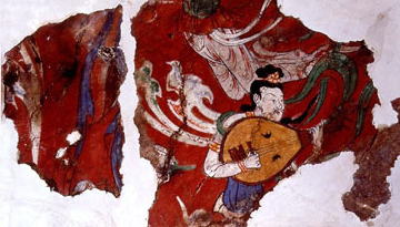 Part of a 6th century cave painting along the silk road showing a celestial musician. Image: Maijishan Caves Art Research Institute.