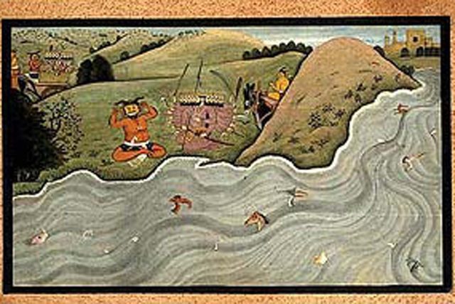 Ravana converses with a demon by the sea, Illustration to a dispersed Ramayana series Kangra, Punjab Hills; ca. 1780, Opaque watercolor on paper (Metropolitan Museum of Art, New York, Gift of Cynthia Hazen Polsky)
