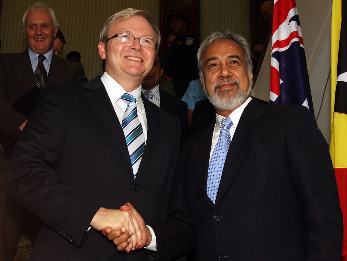 Australian Prime Minister Kevin Rudd meets with East Timor Prime Minister Xanana Gusmao at the Government Palace February 15, 2008 in Dili, East Timor. (Luis Enrique Ascui / Getty Images)