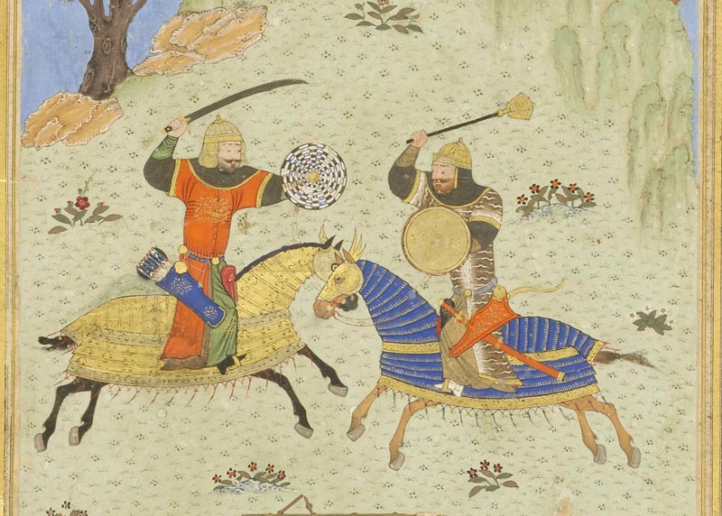 Rustam in combat with Isfandiyar, c. 1440s. Ink, opaque watercolor, and gold on paper. H. 7 1/4 x W. 5 1/16 in. (H. 18.4 x W. 12.8 cm). Royal Asiatic Society of Great Britain and Ireland, MS. 239, 291b.