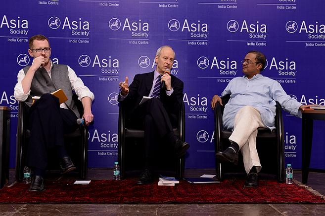 L to R: James Crabtree, Michael Sandel and Jerry Rao in Mumbai on January 24, 2014. (Asia Society India Centre)