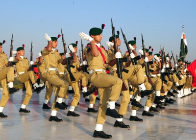 Pakistani cadets march during a ceremony on the 136th birth anniversary of Pakistan's founder Mohammad Ali Jinnah at his mausoleum in Karachi on December 25, 2012. (Rizwan Tabassum/AFP/Getty Images)