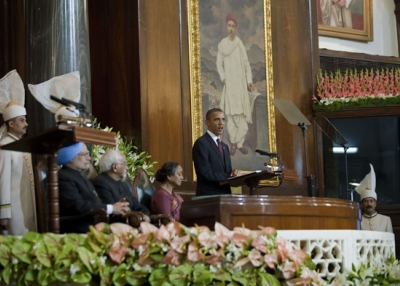 President Barack Obama addresses the Indian Parliament in New Delhi on Nov. 8, 2010. (Jim Watson/AFP/Getty Images) 