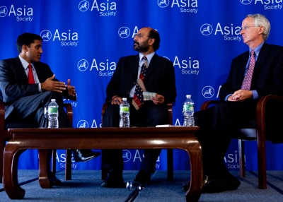 Dr. Rajiv Shah (L) and Ambassador Cameron Munter (R) speak with moderator Hassan Abbas. (Suzanna Finley)
