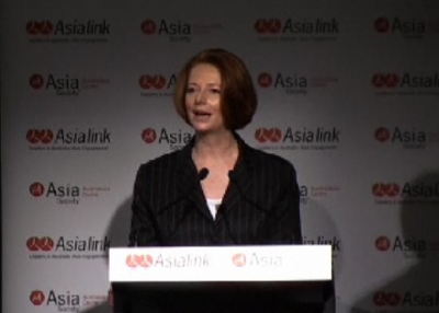 Australia PM Julia Gillard speaks at Asia Society in Melbourne, Australia, September 28, 2011.