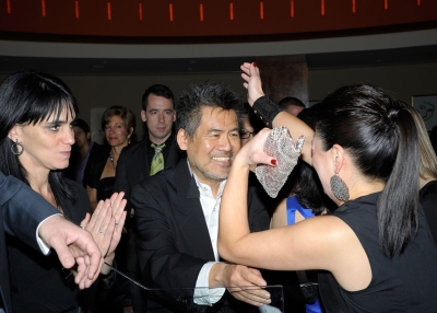 Playwright David Henry Hwang congratulates actress Jennifer Lim at the 'Chinglish' Broadway opening night after-party at the Brasserie 8 1/2 on Oct. 27, 2011 in New York City. (Ilya S. Savenok/Getty Images)