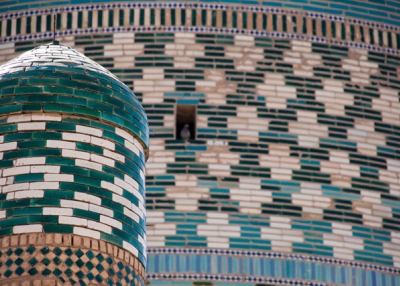 A painted teal pattern decorates a mosque in Karakalpakstan, Uzbekistan on June 29, 2013. (Christopher Rose/Flickr)