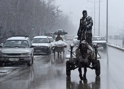 An man rides his horse cart along the street as snow falls in Kabul, Afghanistan on January 25, 2015. (Wakil Kohsar/AFP/Getty Images)