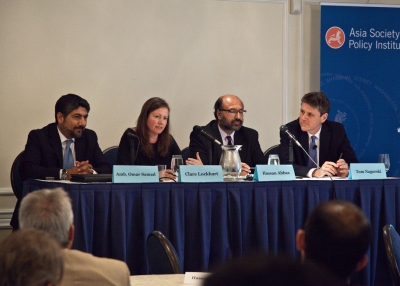 (L to R) Panelists Amb. Omar Samad, Clare Lockhart, and Hassan Abbas and moderator Tom Nagorski at Asia Society’s event in Washington, D.C. on July 9, 2014. (Christina Dinh/Asia Society)
