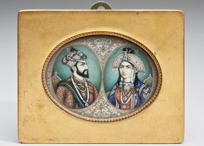 Double Portrait of Mughal Emperor Shah Jahan (1592-1666) and Empress Mumtaz (1593-1631), India, late 19th century, Colors and gold on ivory, Bequest of J. Ackerman Coles, 1926, Collection of the Newark Museum 26.1133