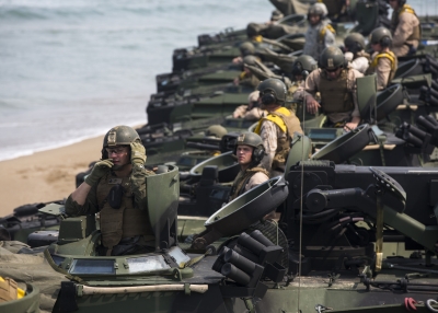 U.S. Marines line up in assault amphibious vehicles at Dogu Beach in Pohang, South Korea