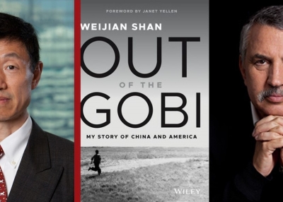 Weijian Shan, Out of Gobi book cover, and Tom Friedman