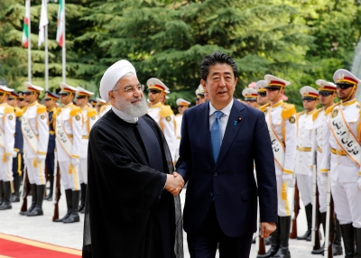 Hassan Rouhani with Shinzo Abe at the Saadabad Palace in Tehran on June 12, 2019