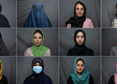 This combination of photos created on August 9, 2022, shows women posing for portraits in different cities in Afghanistan. 