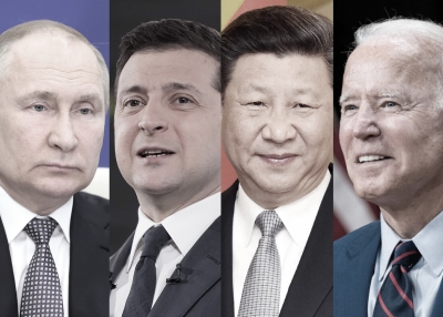 Composite image of Vladimir Putin, Volodymyr Zelenskyy, Xi Jinping, and Joe Biden.