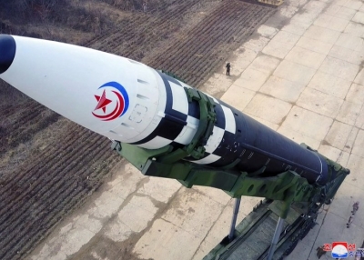 North Korea strategic forces test-launch the Hwasongpho-17 intercontinental ballistic missile on March 24, 2022, under the direct guidance of its leader Kim Jong Un
