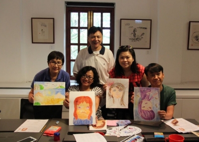 Mr Ko Nam (top middle) guided hearing-impaired participants on the appreciation of works by Yoshitomo Nara