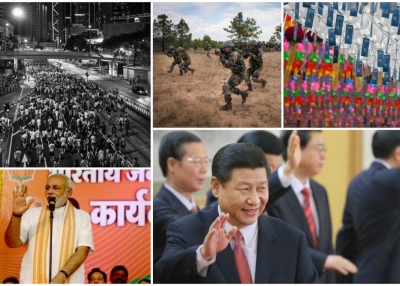 Clockwise from left: Hong Kong protests (Pasu Au Yeung/Flickr); Indian Army soldiers (Sgt. Michael Macleod/U.S. Army); Jogyesa Temple, Seoul (Jeon Han/Flickr); Xi Jinping (Feng Li/Getty Website); Narendra Modi (Narendra Modi/Flickr).
