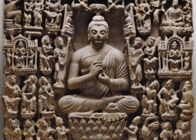 Vision of a Buddha Paradise. Pakistan. 4th century. Schist. H. 46.9 x W. 38.2 x D. 11 in.  (119 x 97 x 28 cm). Central Museum, Lahore, G-155