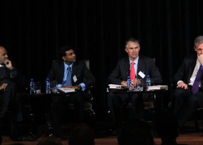 L to R: Adil Zainulbhai, Senior Advisor, McKinsey & Company; Prashant Agrawal, Consul-General of India, Hong Kong; Victor Mallet, South Asia Bureau Chief, the Financial Times; and Clay Chandler, writer, editor and founder, The Barrenrock Group, at Asia Society Hong Kong Center on February 20, 2014. 