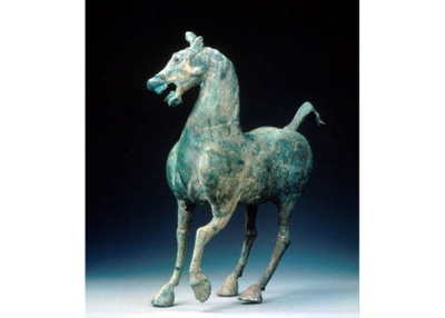 Bronze figure of a horse, Eastern Han dynasty, 2nd century C.E., Excavated from a tomb in Letai, Wuwei county, Gansu, H. 36.5 cm., Gansu Provincial Museum