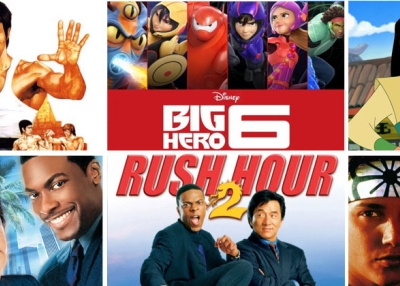 Top: The Way of the Dragon (1972), Big Hero 6 (2014), Mulan (1998); Bottom: Rush Hour (1988), Rush Hour 2 (2001), Karate Kid (1984)