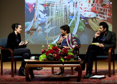 Sarah Sze and Pulitzer-prize-winner writer and scientist Siddhartha Mukherjee in conversation with Vishakha N. Desai, president of Asia Society. (Suzanna Finley)