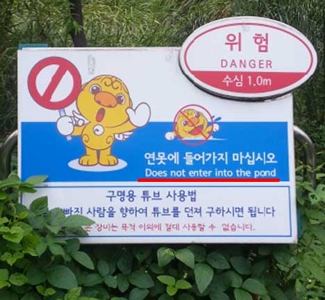 Asia Society Korea Center's new "Search & Correct" campaign relies on user-submitted examples of "Konglish," like this one: "Does not enter into the pond!" (Asia Society Korea Center)