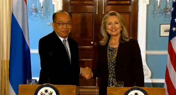 U.S. Secretary of State Hillary Rodham Clinton delivers remarks with Thai Foreign Minister Dr. Surapong Tovichakchaikul at the Department of State in Washington, D.C. on June 13, 2012. (YouTube)