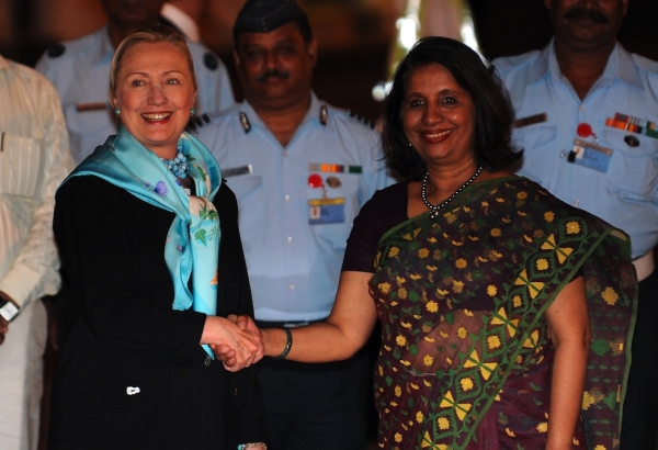 U.S. Secretary of State Hillary Clinton (L) shakes hands with then-Indian Foreign Secretary Nirupama Rao (R) in New Delhi on July 18, 2011. Rao is now India's Ambassador to the United States. (Prakash Singh/AFP/Getty Images) 