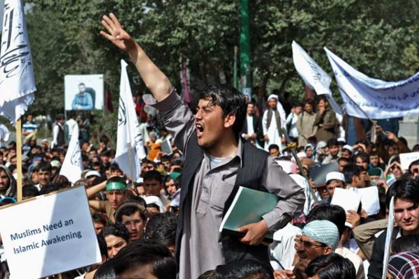 An Afghan youth shouts at an anti-U.S. protest in Kabul on Sept. 16, 2012, when students poured into the streets of Kabul to protest a film mocking Islam that has also sparked deadly riots in the Middle East and North Africa. (Massoud Hossaini/AFP/GettyImages) 