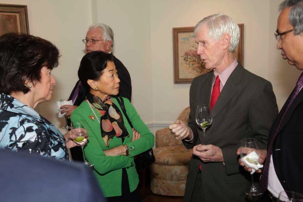 L to R: Marsha Roth, Senior Managing Director, Angelo, Gordon &amp; Co., Lulu Wang, Trustee, Richard Fore (in background), Orville Schell, PC Chatterjee, Trustee. (Brian Stanton)