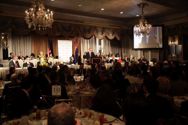 A wide shot of the event, with Bob Carr at the podium. (Brian Stanton)